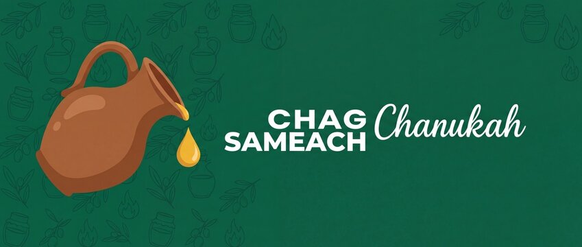 Hanukkah Chag Sameach Oil Pitcher Vector Greeting Banner with Clay Jug Pouring Miracle Olive Oil Drop on Green Background for Jewish Festival of Lights Holiday Poster Template Graphic Background Desig
