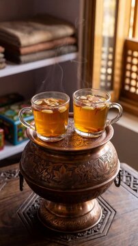 Traditional Kashmiri kahwa tea served in glass cups with almonds on engraved copper samavar beside carved walnut table in Srinagar home in India, subtle steam rising in warm interior, dolly-in camera