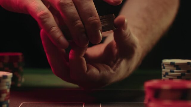 Casino player, Game of poker in casino, taking place with poker chips and cards on a green table betting chips, gambling place, roulette jack pot. All in bet game. 