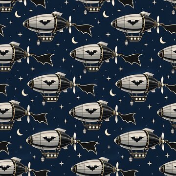 Steampunk Halloween airship seamless pattern with bats and stars on dark starry sky background