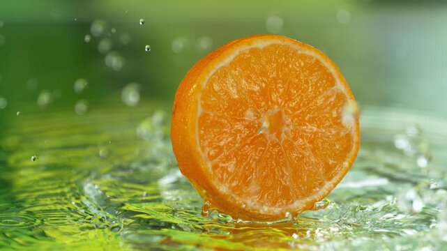Super Slow Motion Shot of Fresh Tangerine Cut Falling into Water and Making Splash at 1000fps.