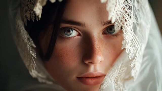 Young girl wearing white lace head scarf looking away.