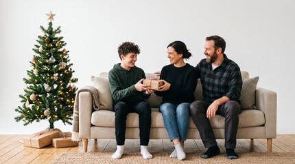 Fototapeta premium Family exchanging Christmas gifts by the tree