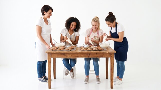 Four women decorating cookies with icing in a bright studio setting