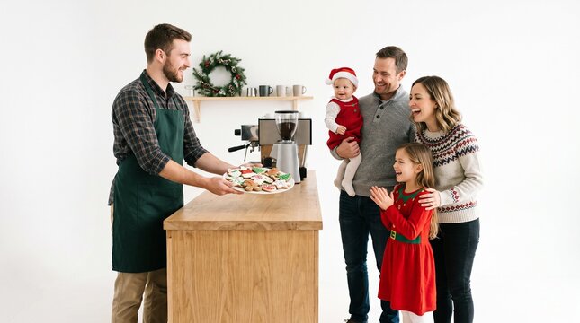 Barista serves festive Christmas cookies to a happy family in a cafe