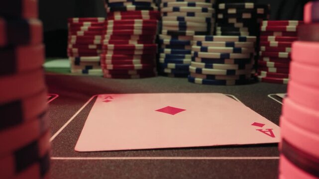 Casino player, Game of poker in casino, taking place with poker chips and cards on a green table betting chips, gambling place, roulette jack pot. All in bet game. 
