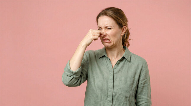 Woman pinching nose in disgust due to bad smell