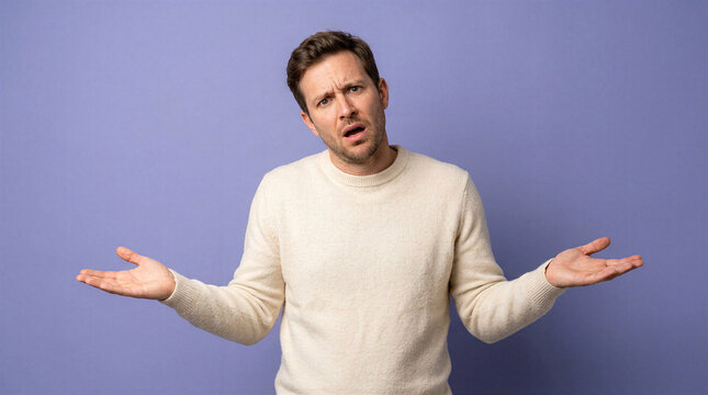Man with confused expression shrugging shoulders and holding hands out