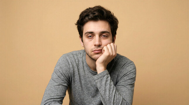 Young man with a deadpan expression resting his head on his hand