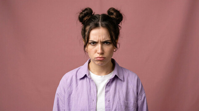 Young woman with pouty lips and furrowed brow looking unhappy