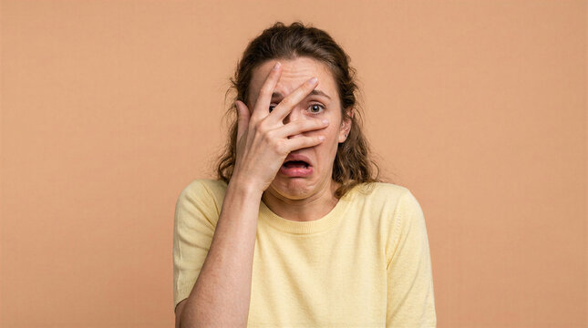 Woman peeking through fingers with a scared expression and wide eyes