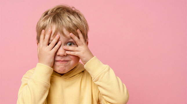 Playful young boy peeking through his fingers with a mischievous expression