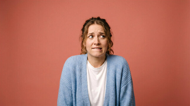 Woman cringing awkwardly, biting her lip with worried expression against a coral background