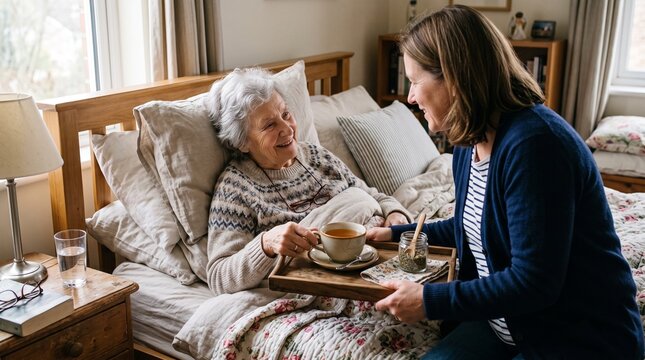 Caring daughter brings tea and herbs to her elderly mother resting in bed at home