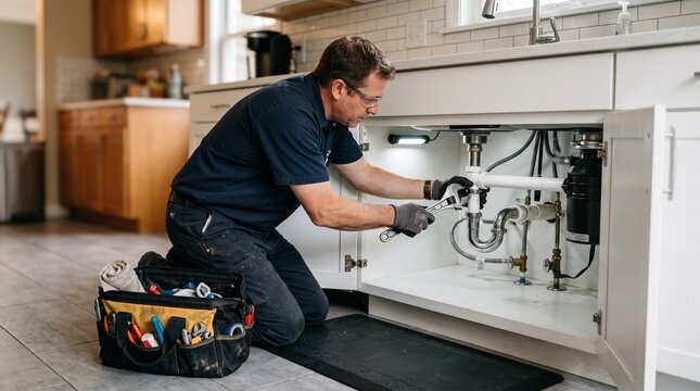 Professional plumber wearing safety glasses and gloves repairs sink pipes under a kitchen counter with a wrench