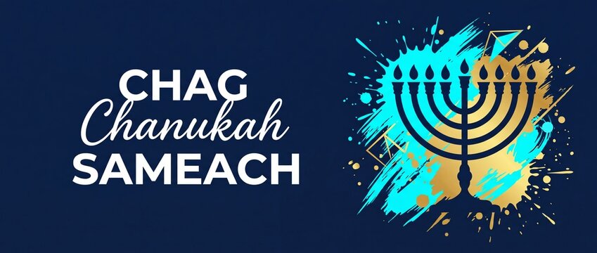 Happy Hanukkah Banner Menorah Card with chag chanukah sameach greeting text on dark blue background, featuring modern artistic teal and gold paint splatters for jewish festival of lights celebration