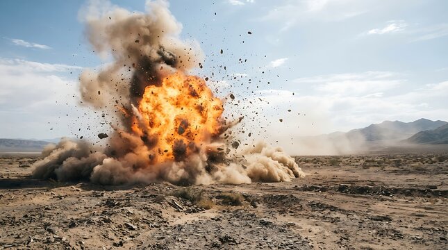 Explosion in a desolate desert landscape with a massive fiery blast and debris flying in the air