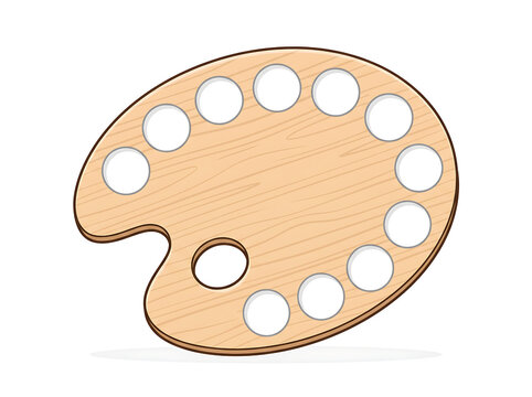 Empty wooden artist palette for painting and creative projects. Classic wood board with wells illustration