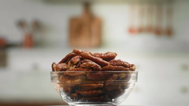 Fresh Pecan Nuts in Bowl and on Table, Close Up of Healthy Organic Nut Snack, Natural Food Ingredient for Cooking, Baking and Healthy Diet, Shop and Market