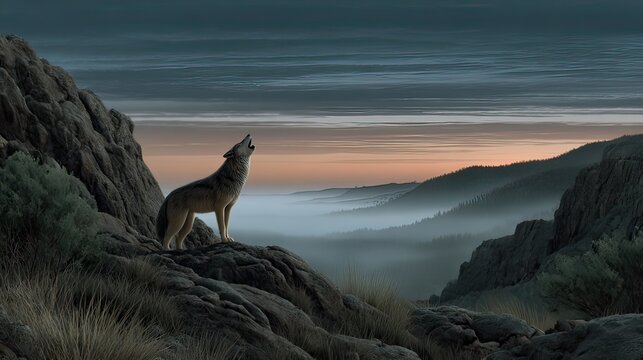 Majestic Coyote Howling on Rocky Outcrop Amidst Serene Landscape at Dusk with Misty Mountains in Background