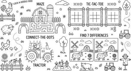 Fototapeta premium Educational farm activity worksheet for kids with maze puzzle tic-tac-toe connect dots and find differences line art coloring