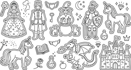 Obraz premium Fairytale fantasy sticker line art icon set with princess prince witch knight dragon unicorn castle and magic elements