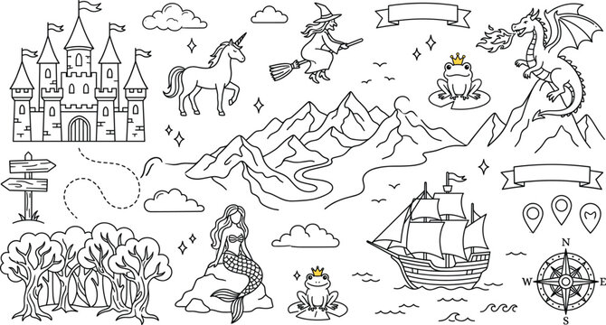 Fairytale fantasy map creator doodle icon set with castle mountains dragon unicorn mermaid witch ship and forest