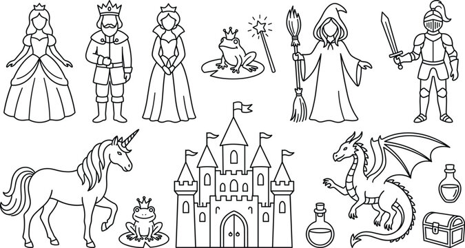 Fairytale medieval fantasy character icon set with faceless king queen princess knight wizard castle dragon unicorn and frog