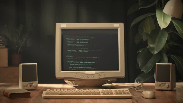 Retro PC Computer on Desk with Chroma Key Green Screen Background Vintage Technology Studio Setup Concept