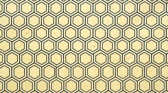 Abstract geometric pattern with continuous black honeycomb lines on a textured light yellow background hexagonal grid pattern