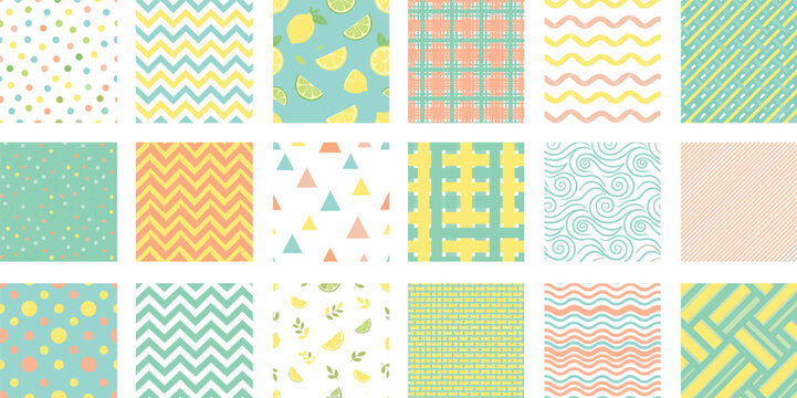 Colorful Summer Seamless Pattern Set with Lemon and Chevron