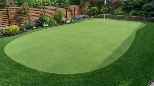 Backyard putting green with manicured grass and surrounding plants  