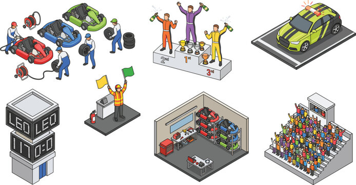 Isometric Go Kart Racing Scene Set with Podium and Garage