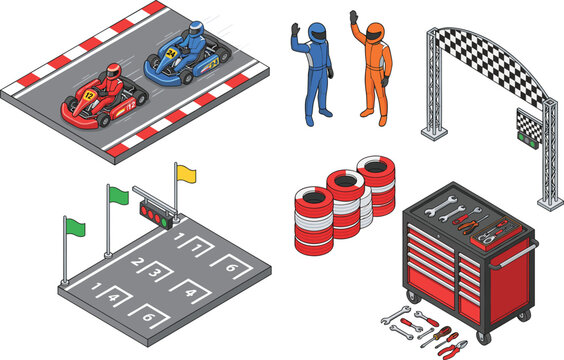 Isometric Go Kart Racing Track and Equipment Set