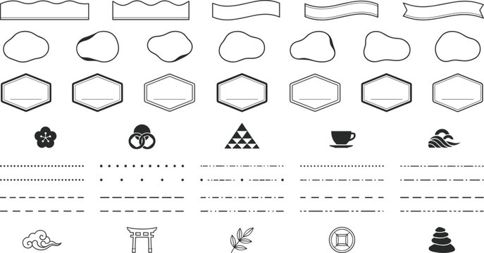 Japanese Design Elements Set with Frames Blob Shapes and Icons