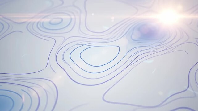 Abstract topographic contour lines pulsing on white background with lens flare, panning shot.