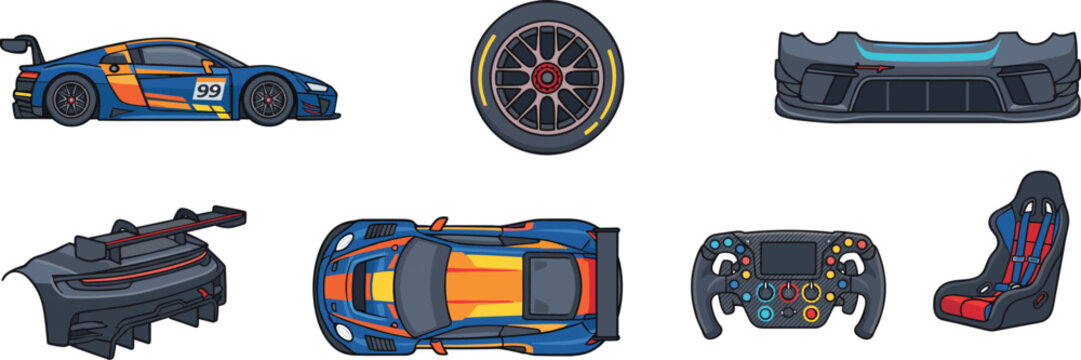 Racing Sports Car Icon Set with Wheel and Seat