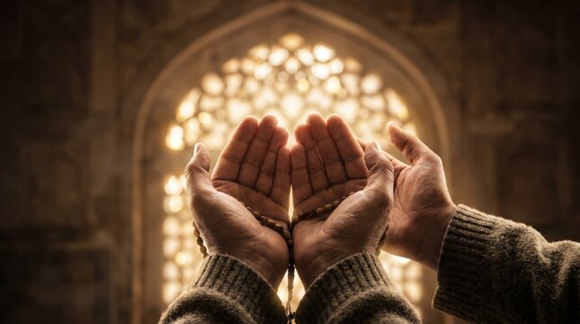 Close up of hands held in prayer against an ornate backlit arched window with religious ritual ornate architecture islamic culture