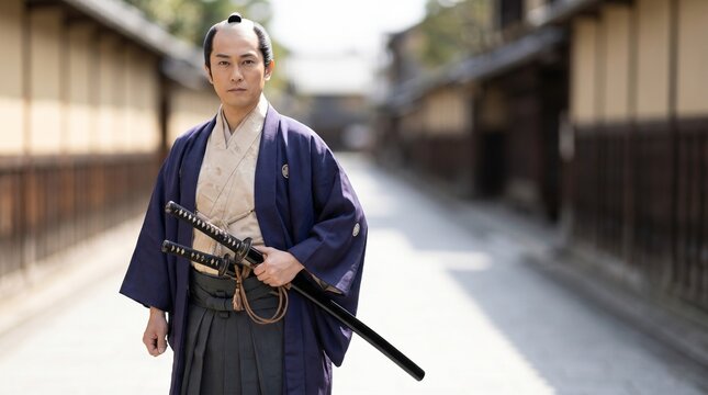 Japanese Samurai Warrior with Katana Swords on Traditional Street