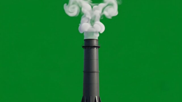 3D Animation of Industrial Factory Smokestack with Rising Steam on Green Screen