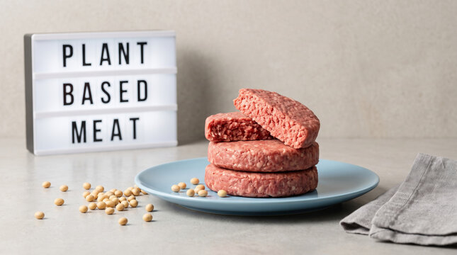 Plant based meat burger plate with scattered bean. Sustainable organic vegan vegetarian food. alternative protein substitute diet, bio cereal nourishment