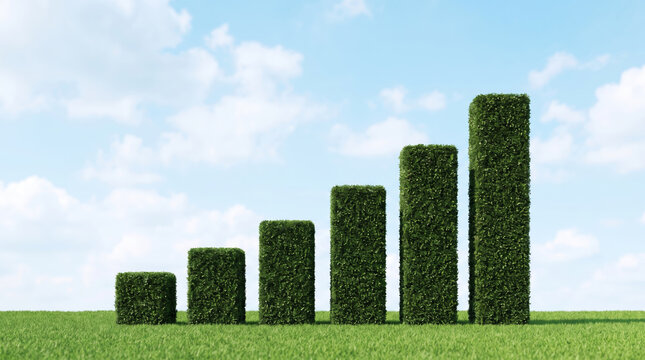 Carbon emission chart showing rising green hedge bars against blue sky. green renewable energy sustainability. future management responsibility, graph report statistic analysis monitoring