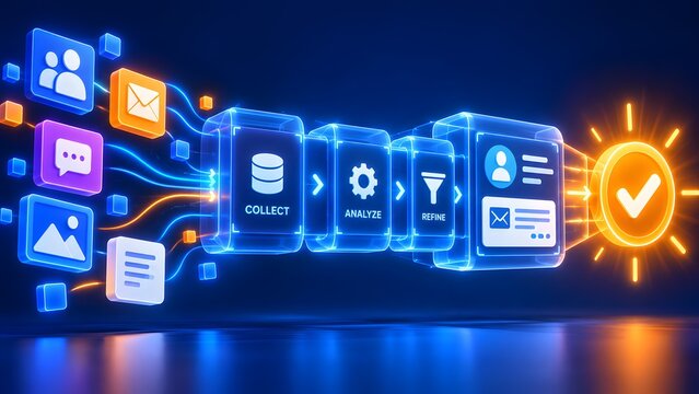 Automated marketing funnel process collecting analyzing and refining digital user communication data into successful conversion