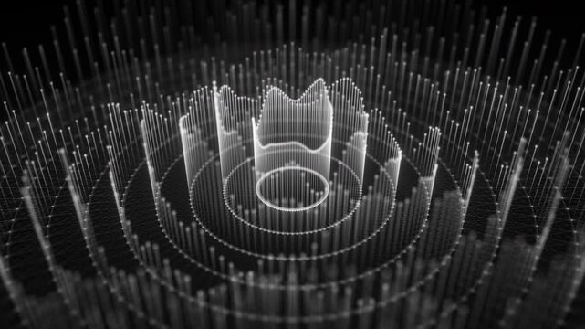 Dotted ripples on the surface with beams. Plexus technology background. Big data. Radio wave abstract motion. FUI, HUD. Seamless loop.
