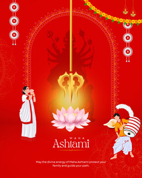 Red and Gold Illustrated Maha Ashtami Greetings