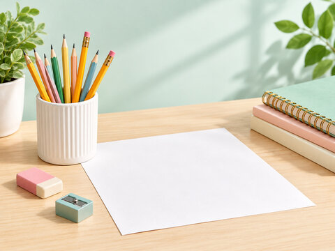 Pastel school desk with pencils and blank paper