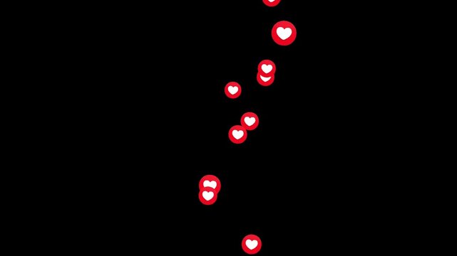 Social live style emoji flying animation with 3D floating heart and like reactions stream overlay.