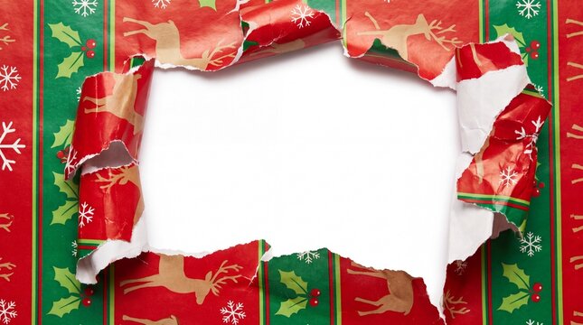 Torn Christmas wrapping paper reveals a white void, hinting at the surprise or gift hidden within, perfect for festive designs.