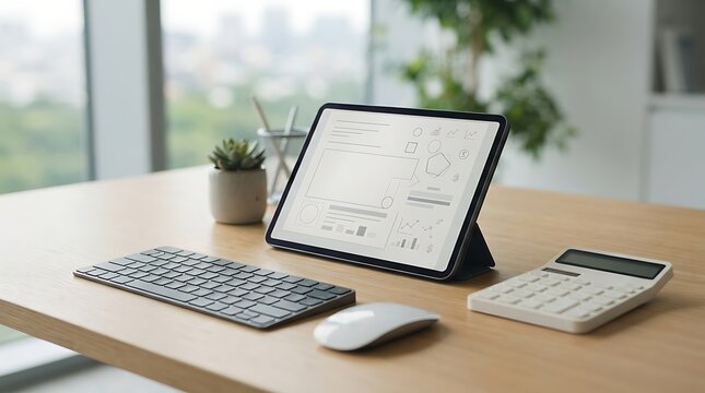 A clean office desk showcasing digital finance management with an interactive e-statement displayed on a tablet