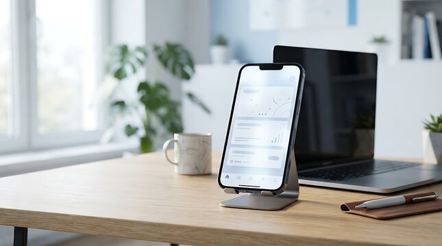 A smartphone on a desk showing an e-statement application alongside a laptop and a cup of coffee